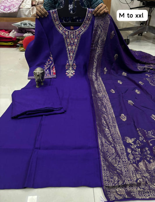 HAND WORK KURTI WITH PANT & UNIQUE BANARASI DUPATTA (GFHBP)