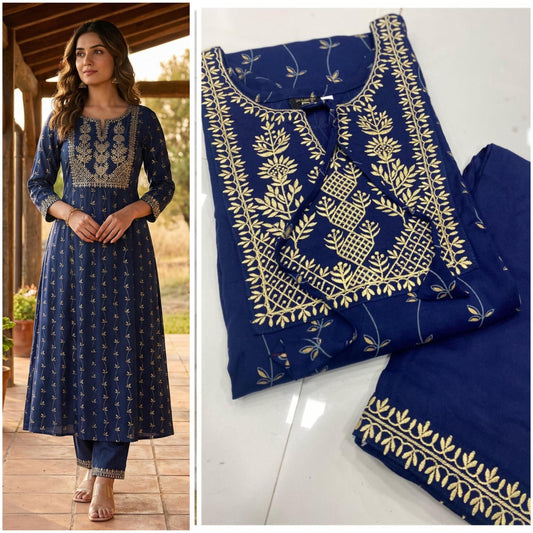 Rayon Cotton Printed Kurta Set with Embroidery (GFHBP)