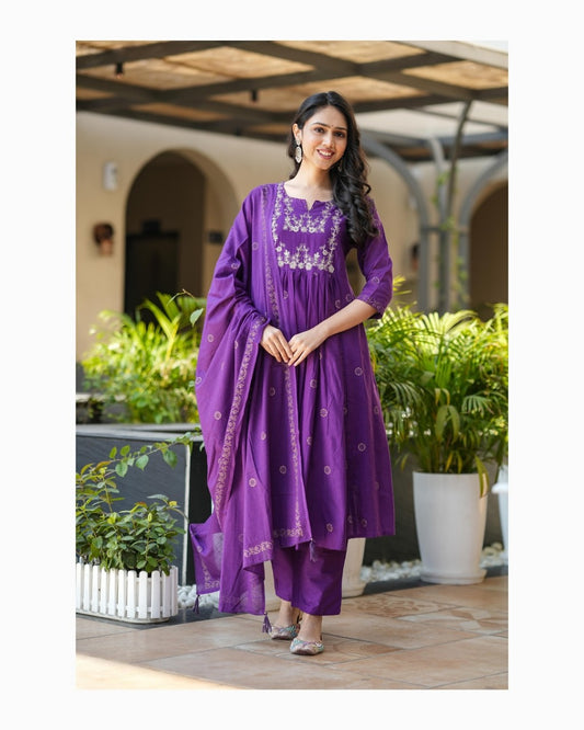 Rayon Slub Hand-Printed Embroidered Kurti Pant Dupatta Set (ASC)