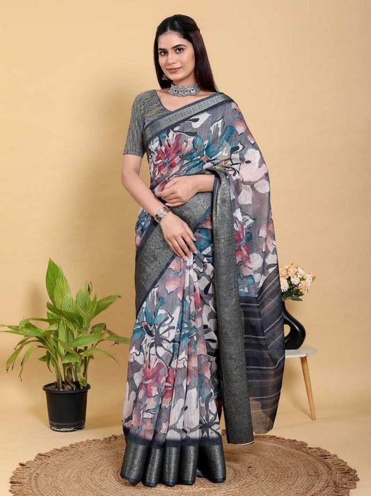 Linen Cotton Printed Saree