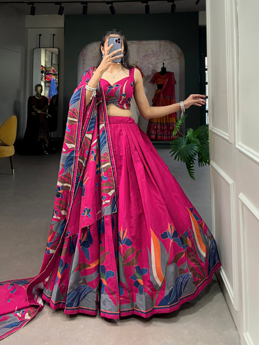 Tusser Silk Lehenga Choli with Intricate Print and Dupatta - Floral Fantasy
