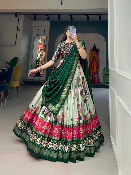 TusserSilk Lehenga Choli with Intricate Print and Dupatta - Floral Fantasy