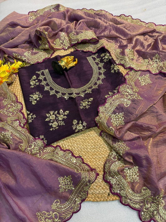 Fendy Silk Satin Fabric Saree with Zari & Sequin Work RO9715