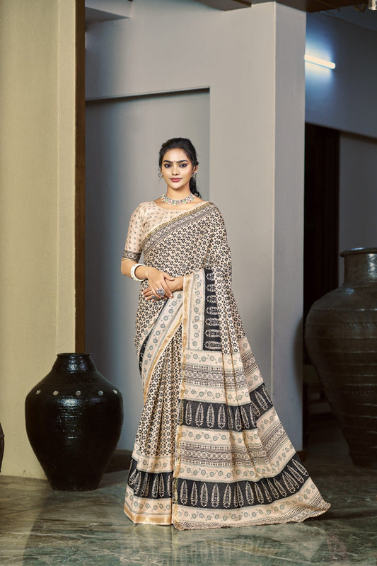 Mulmul Silk Pure Cotton Saree with Zari Border (RO)