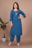 Slub Cotton Top & Pant Set with Mirror Hand Work Kurta (RO)