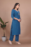 Slub Cotton Top & Pant Set with Mirror Hand Work Kurta (RO)