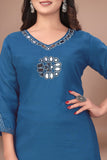 Slub Cotton Top & Pant Set with Mirror Hand Work Kurta (RO)