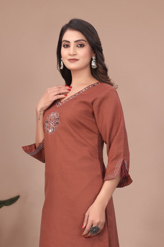 Slub Cotton Top & Pant Set with Mirror Hand Work Kurta (RO)
