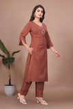 Slub Cotton Top & Pant Set with Mirror Hand Work Kurta (RO)