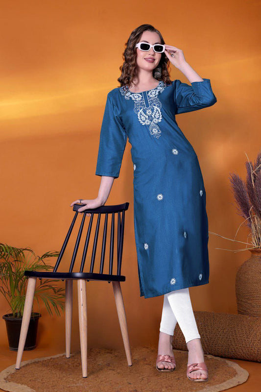 Trendy Rayon Slub Kurti for Women – Embroidered Three-Quarter Sleeve (RO)