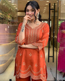 3-Piece Pure Roman Silk Plazo Set with Multi Embroidery Dupatta (RO)