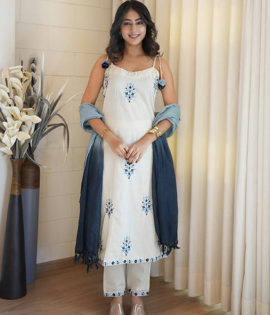 Cotton Flex Kurta Set with Embroidered Kurti and Dayable Kota Dupatta (RO)