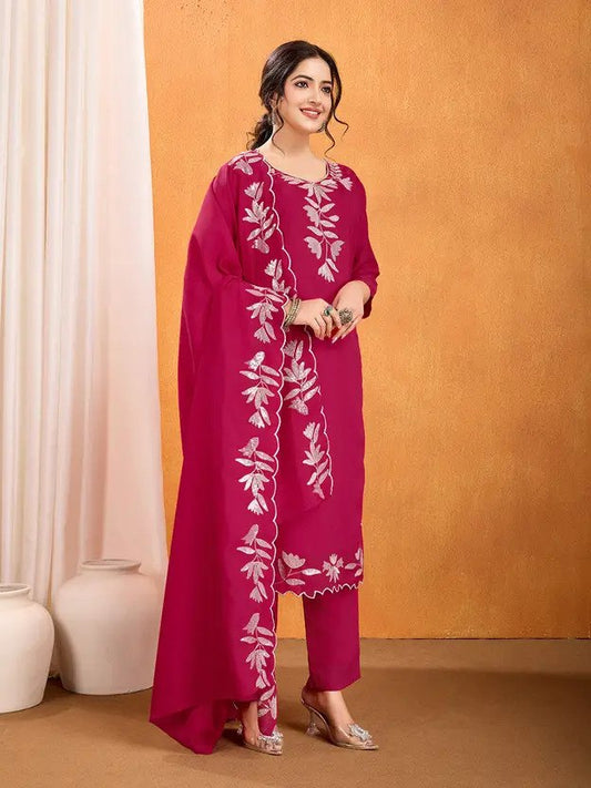 Vichitra Silk Kurta Set with Full Embroidery & Matching Dupatta (RO)