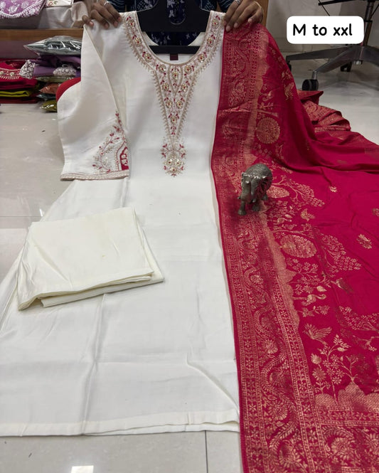 HAND WORK KURTI WITH PANT & UNIQUE BANARASI DUPATTA  (GFHBP)