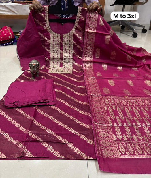 PITHA WORK KURTI WITH SANTON PANT & UNIQUE BANARASI DUPATTA (GFHBP)