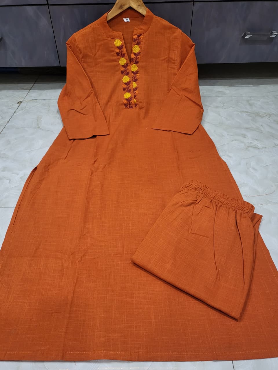 Cotton Slub V-Neck Embroidered Kurti (GFHBP)