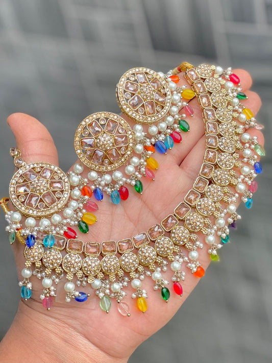 Reverse Ad Stone Work Necklace With Earrings and tika (ROE)