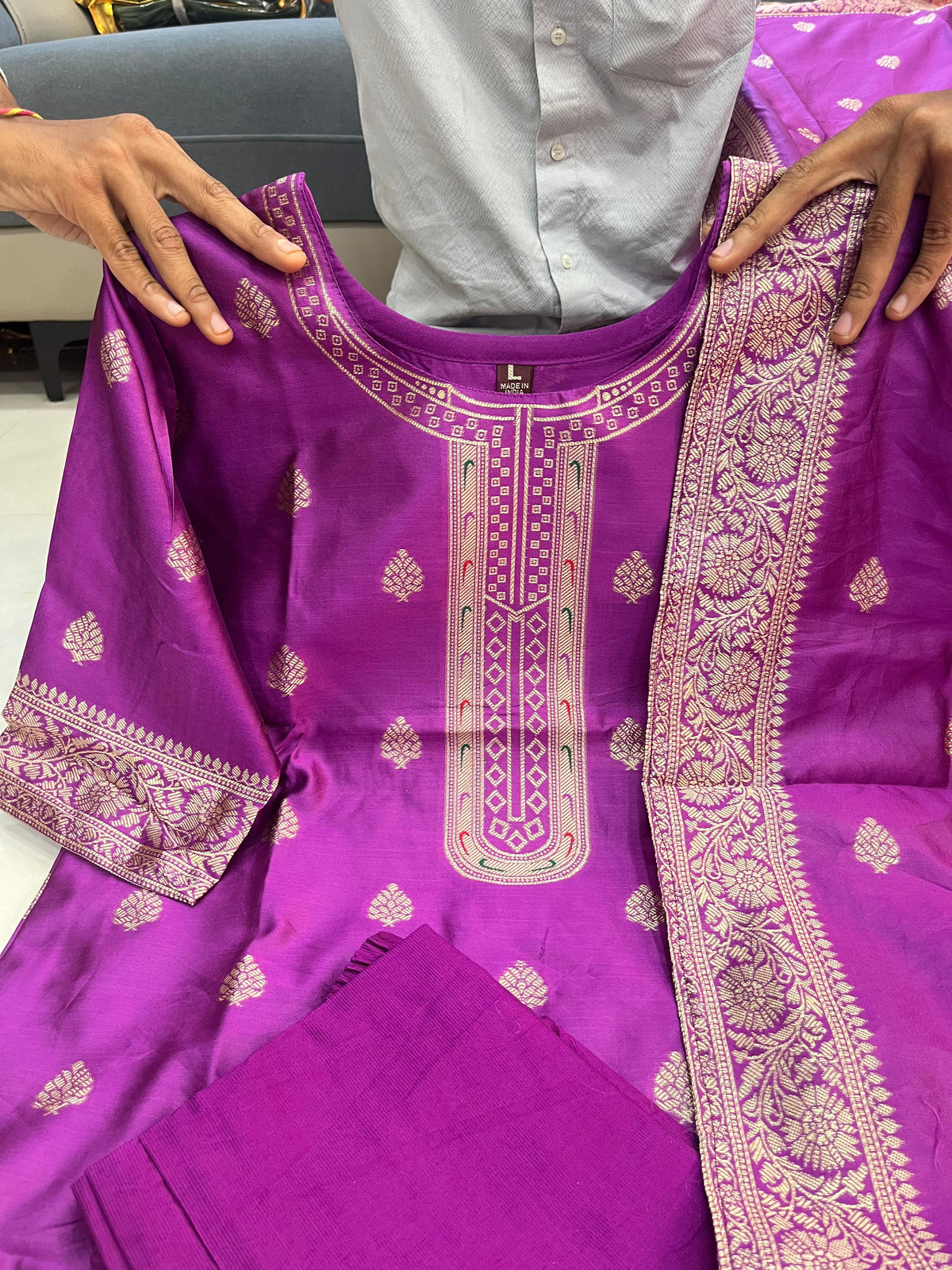 Purple Paithani Silk Kurti Set with Pant & Dupatta (ASC)