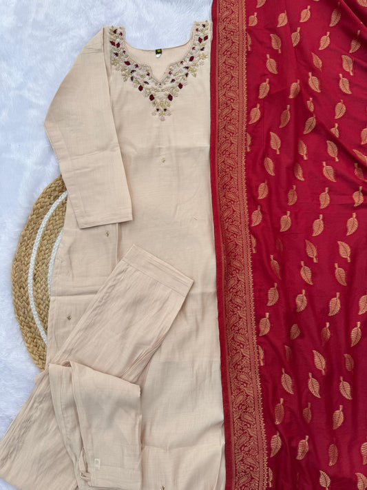 Hand Work Roman Silk Kurti Set with Muslin Jacquard Dupatta (ASC)