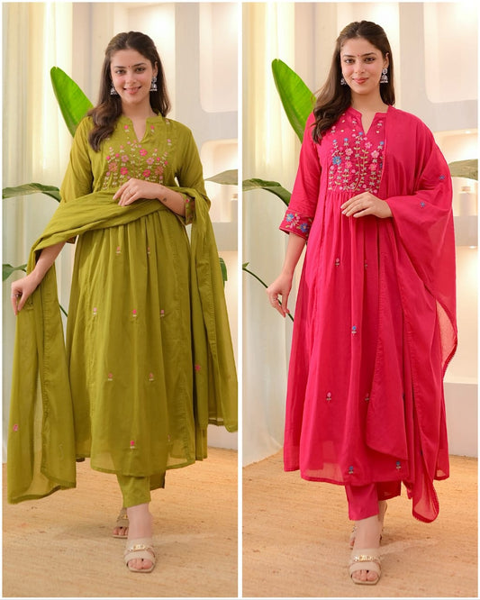 Heavy Embroidered Solid Cotton Kurti Set with Dupatta (GFHBP)