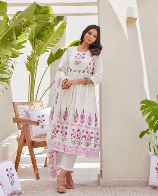 Pure Cotton Ghera Kurti Set with Pant & Dupatta (ASC)