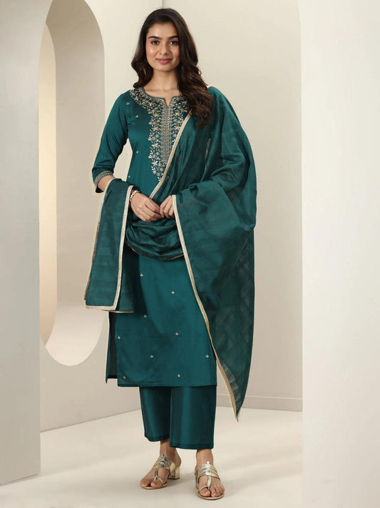 Kurta Set in Roman Silk with Embroidery and Matching Dupatta (ASC)