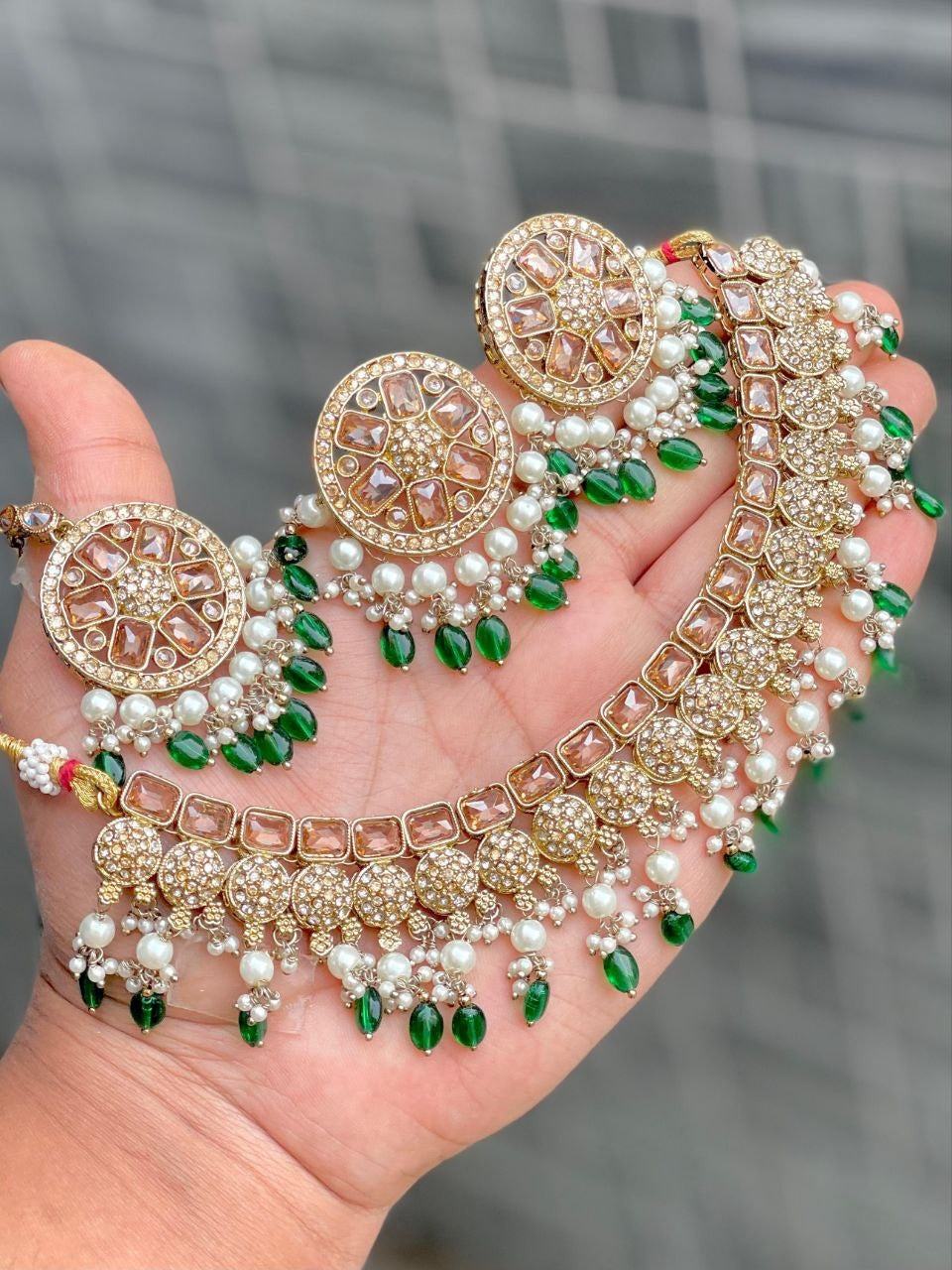 Reverse Ad Stone Work Necklace With Earrings and tika (ROE)