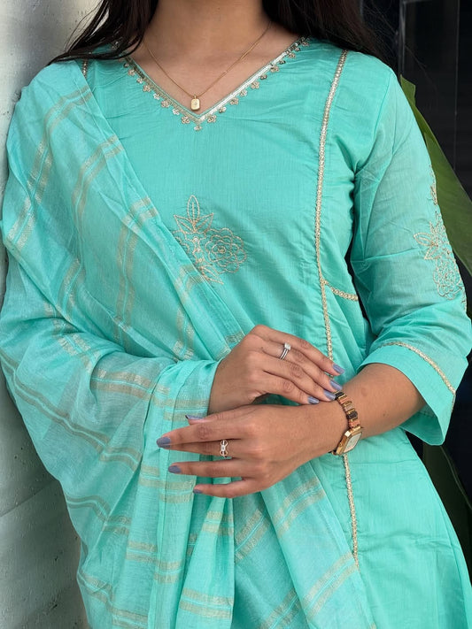 Designer Mul Chanderi Anarkali Kurti Set with Full Embroidery (ASC)