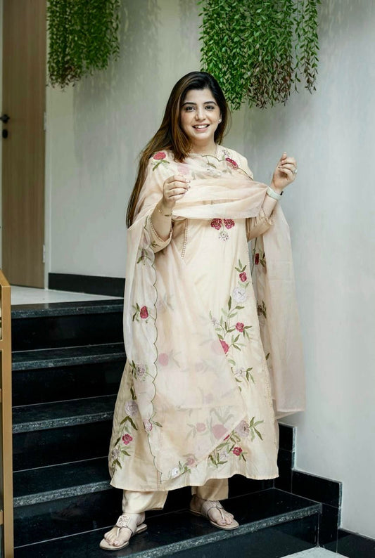 Chanderi Silk Kurti Set with Embroidery & Organza Dupatta (ASC)