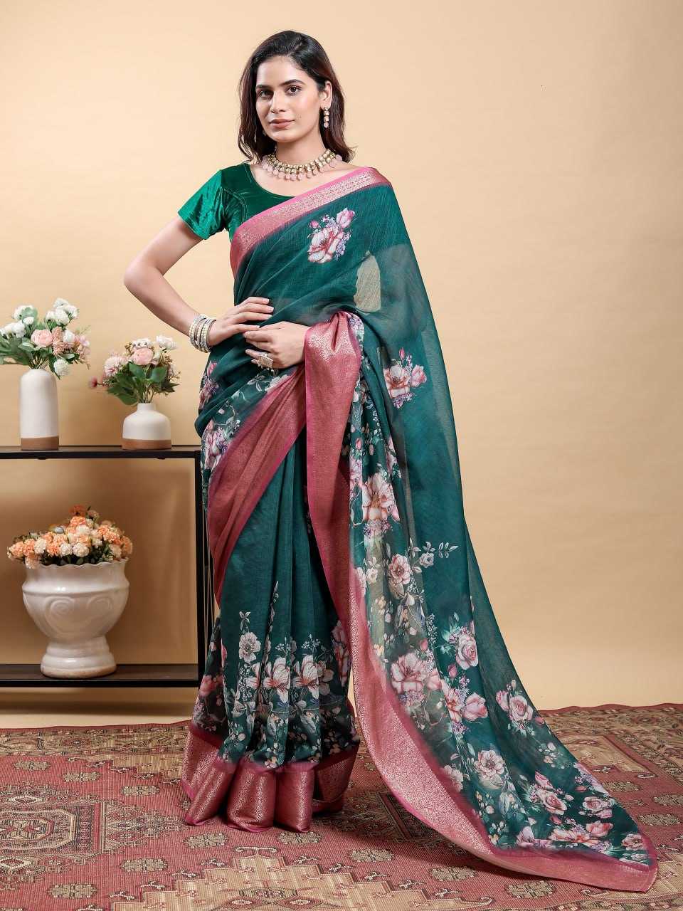 Cotton KESH553 632 Cotton Linen Printed Saree