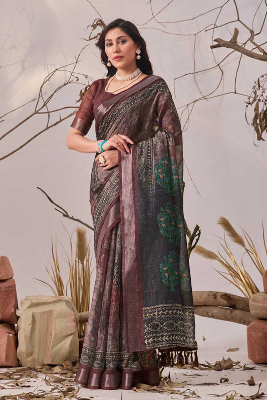 Linen KESH522 100 Printed Cotton Linen Saree