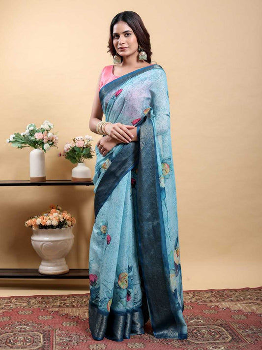 Linen KESH553 640 Festive Collection Printed Cotton Linen Saree