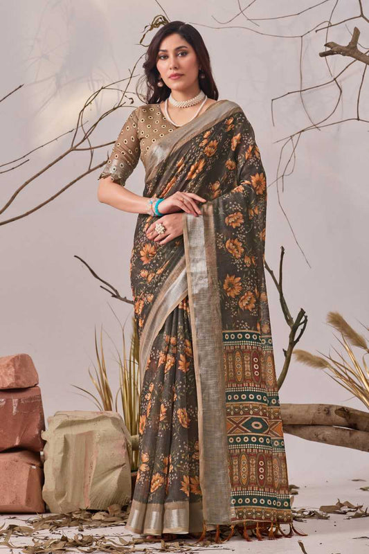 Linen KESH522 1002  Printed Cotton Linen Saree