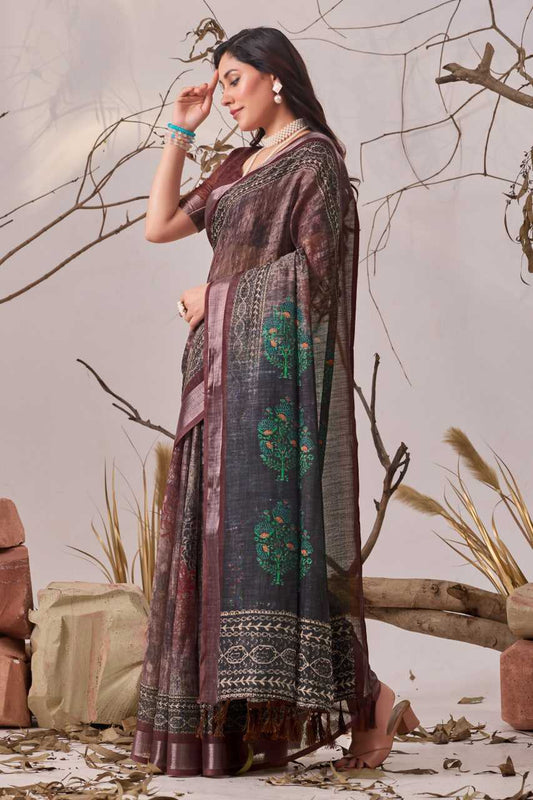 Linen KESH522 100 Printed Cotton Linen Saree
