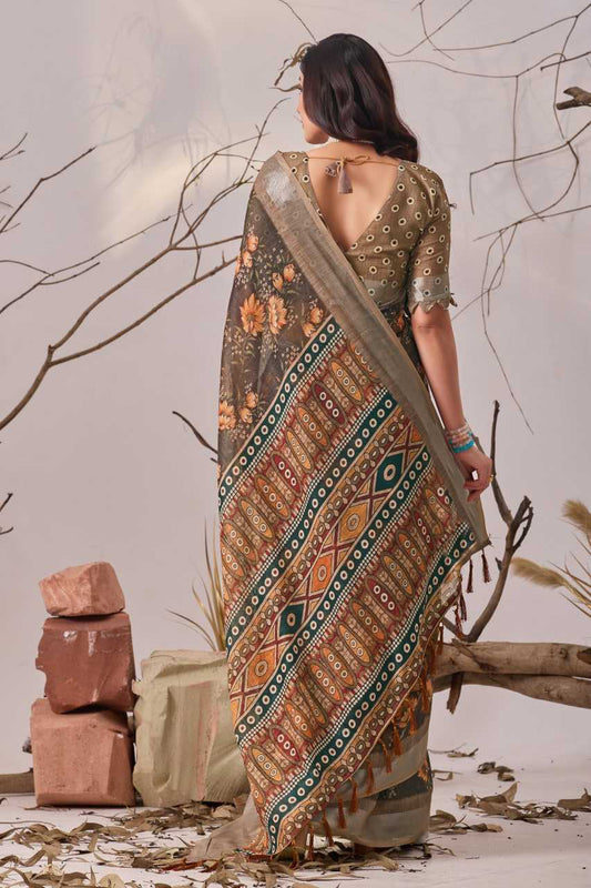 Linen KESH522 1002  Printed Cotton Linen Saree