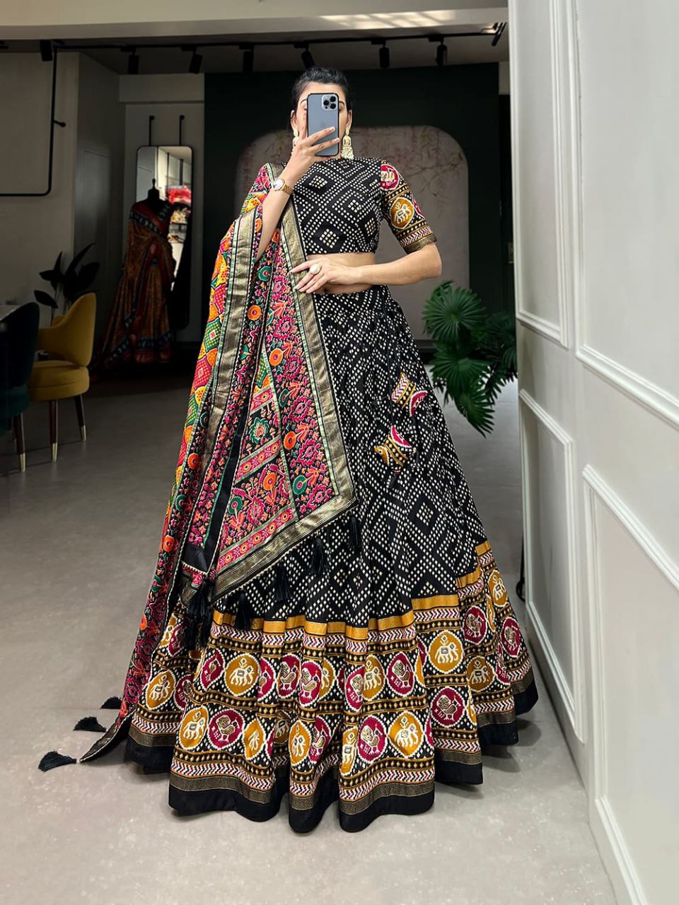 Tusser Silk Lehenga Choli with Intricate Print and Dupatta -  Floral Fantasy