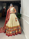 Tusser Silk Lehenga Choli with Intricate Print and Dupatta -  Floral Fantasy