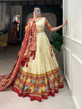 Tusser Silk Lehenga Choli with Intricate Print and Dupatta -  Floral Fantasy