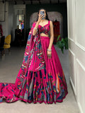 Tusser Silk Lehenga Choli with Intricate Print and Dupatta - Floral Fantasy