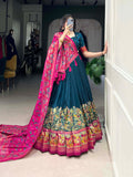 Tusser Silk Lehenga Choli with Intricate Print and Dupatta - Floral Fantasy