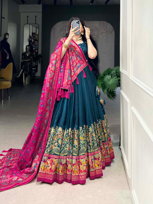 Tusser Silk Lehenga Choli with Intricate Print and Dupatta - Floral Fantasy