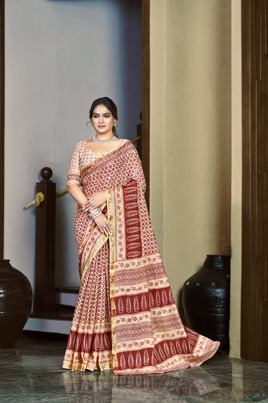 Mulmul Silk Pure Cotton Saree with Zari Border (RO)