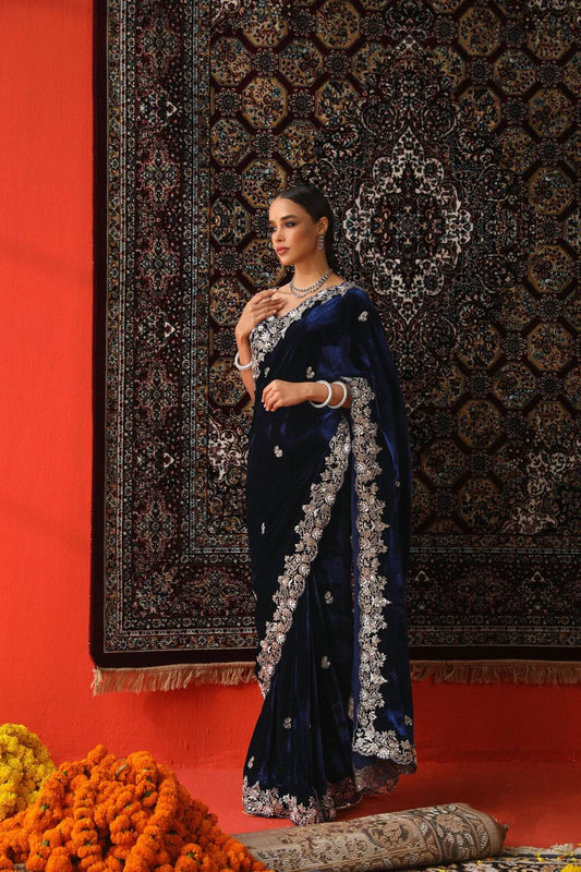 Designer Winter Velvet Saree with Sequence & Jari Embroidery (RO)