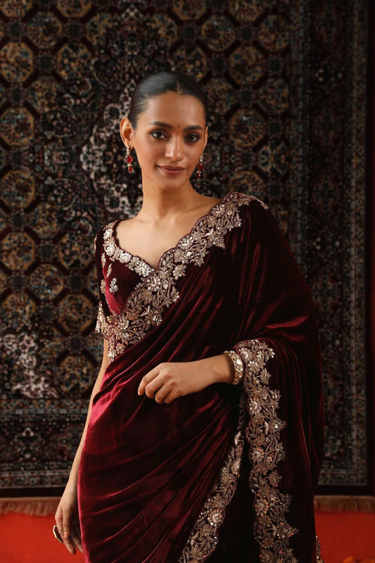 Designer Winter Velvet Saree with Sequence & Jari Embroidery (RO)