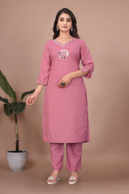 Slub Cotton Top & Pant Set with Mirror Hand Work Kurta (RO)