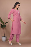 Slub Cotton Top & Pant Set with Mirror Hand Work Kurta (RO)
