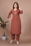 Slub Cotton Top & Pant Set with Mirror Hand Work Kurta (RO)