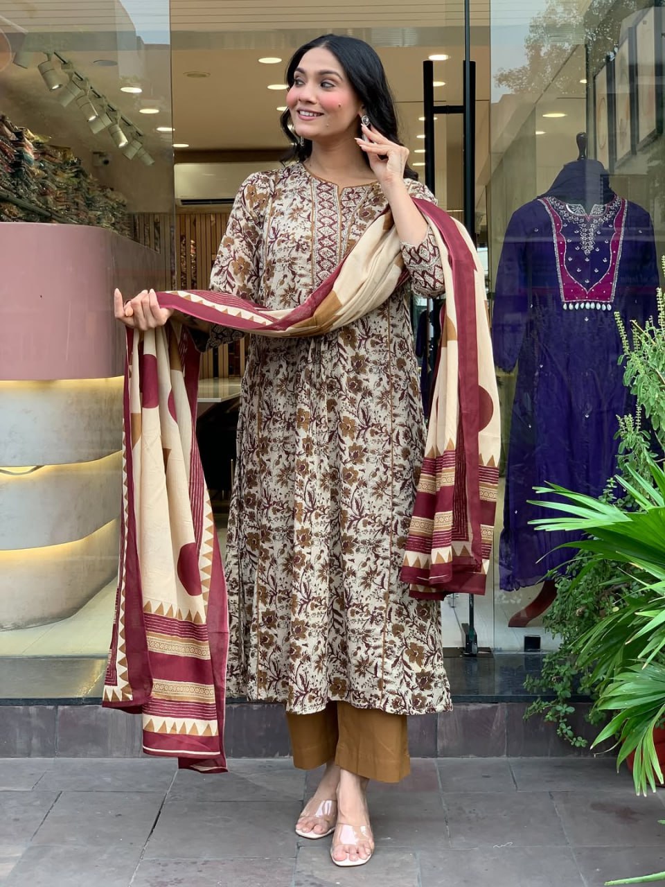 Women's Magic Cotton Anarkali Style Printed Kurta with Bottom & Dupatta (RO)