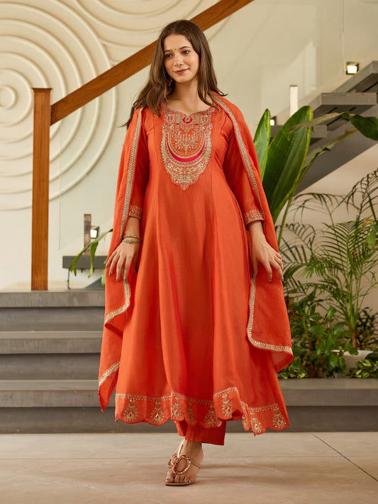 Vichitra Silk Embroidered Flared Kurta Set with Pant & Dupatta (RO)