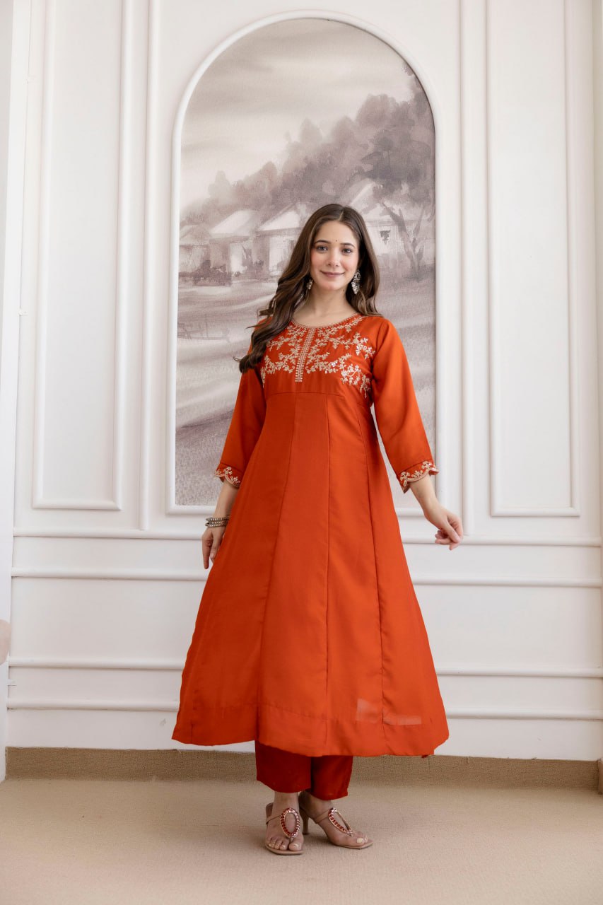 Vichitra Silk Embroidered Anarkali Kurta Set with Sharara & Dupatta (RO)